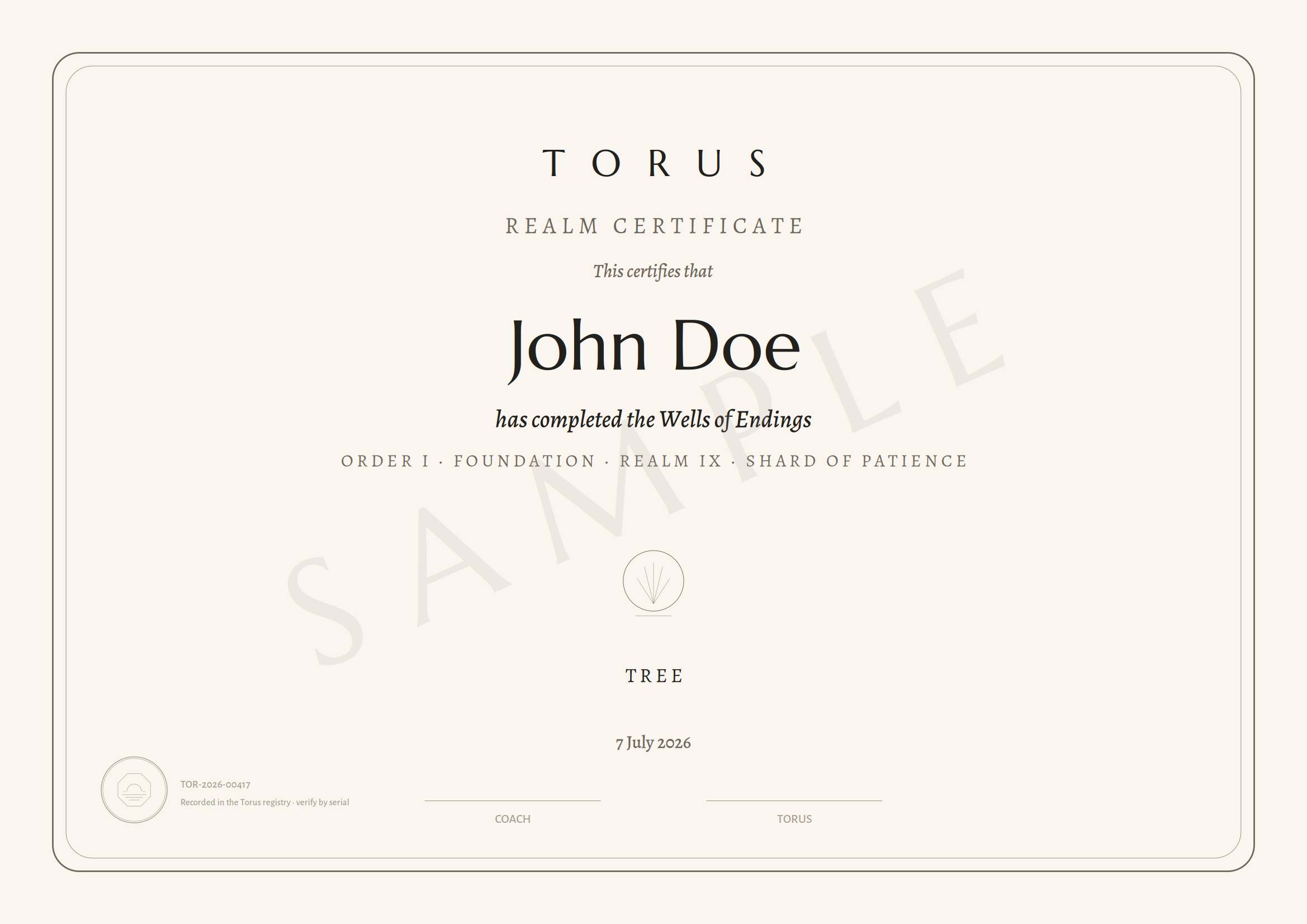 Torus Realm Graduation certificate — awarded when a child completes a Realm of the curriculum